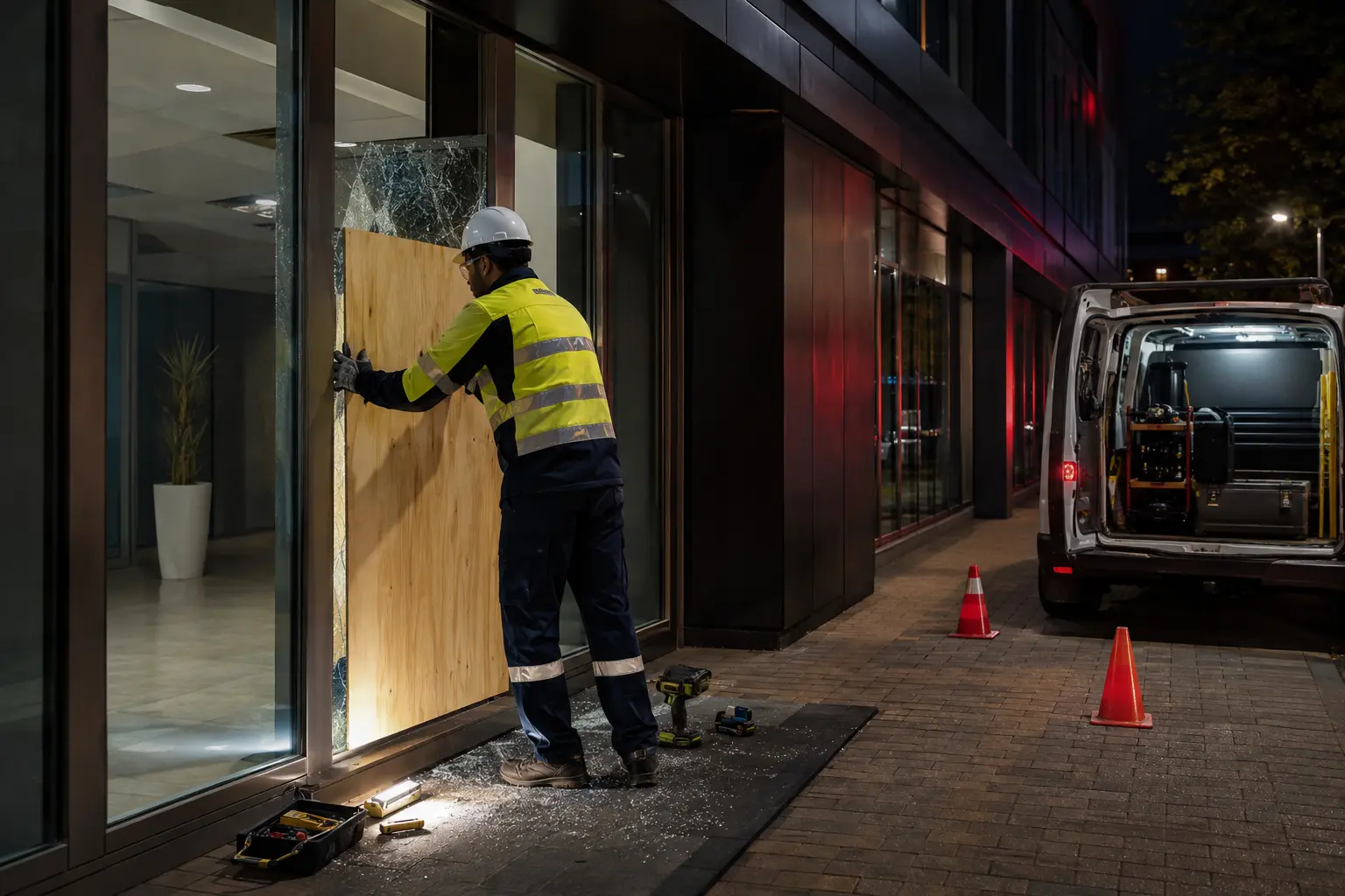 Professional technician making damaged storefront glazing safe after hours