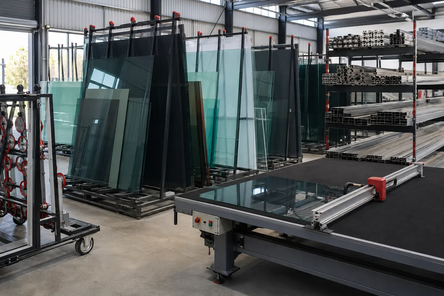Safely racked glass sheets, aluminium extrusions and processing equipment